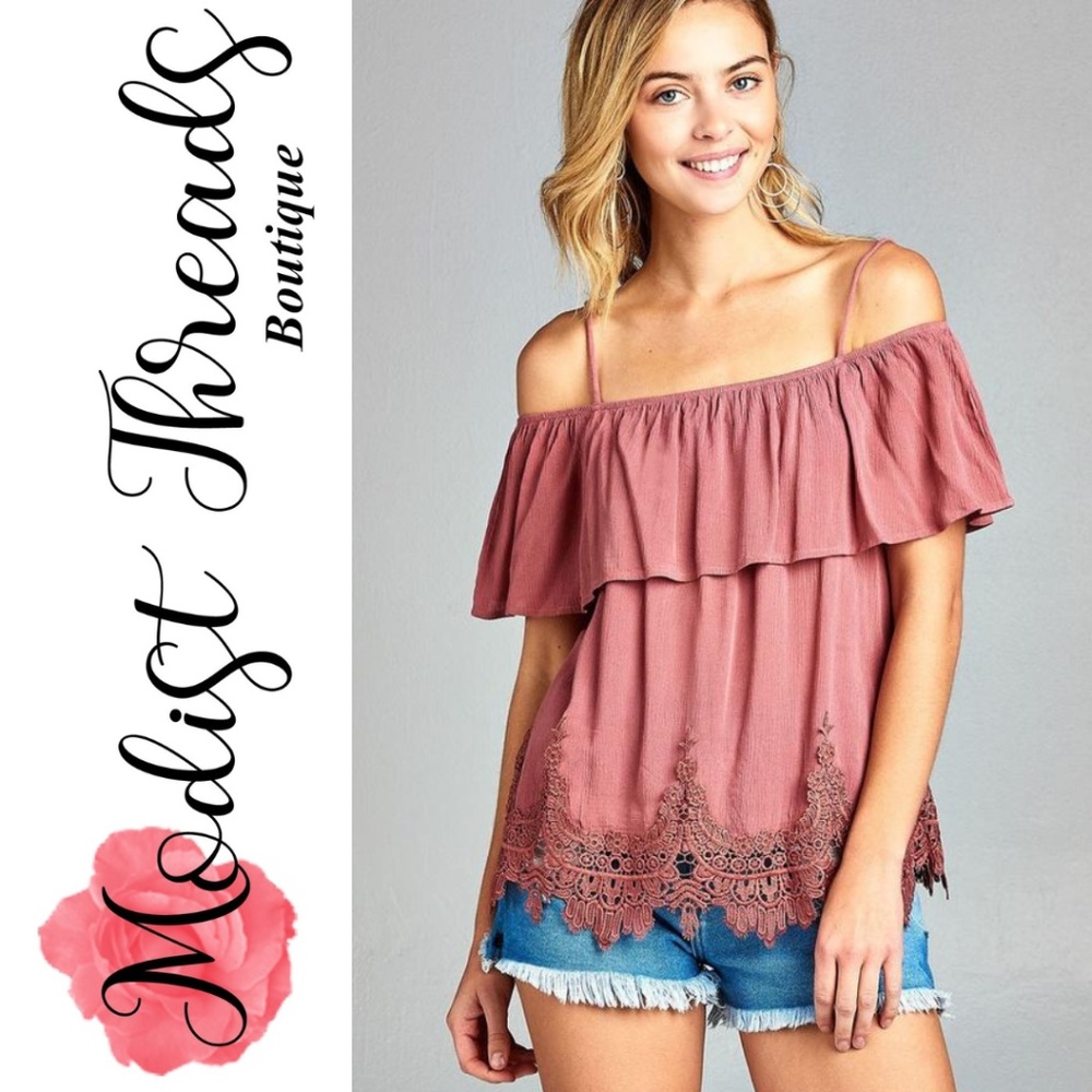 Pink Flounce Off The Shoulder Woven Crinkle Top